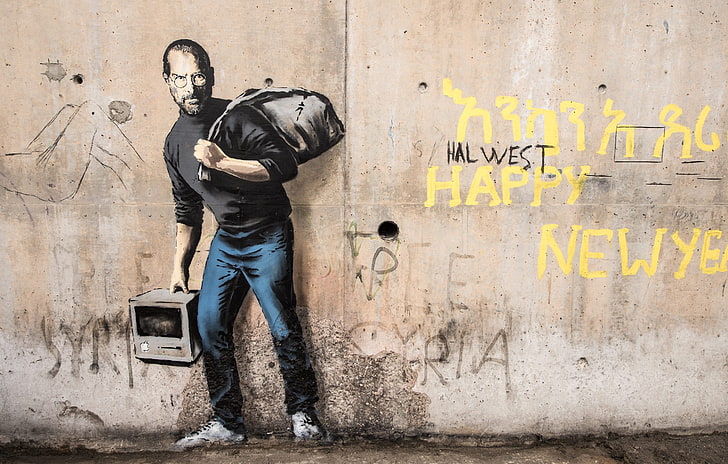 Banksy, graffiti, concrete, Steve Jobs, urban, wall, street art HD wallpaper