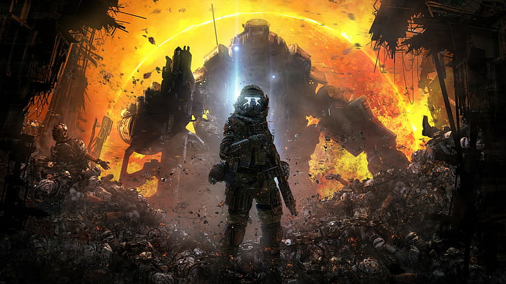TitanFall Game, soldiers, pilot, Atlas, fur, corpses, ashes, weapons