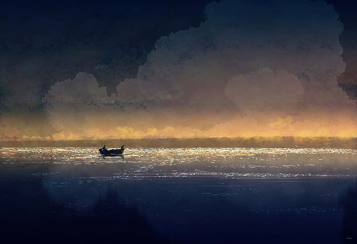 boat, painting, sea, artwork, water, sky, nautical vessel, sunset, HD wallpaper