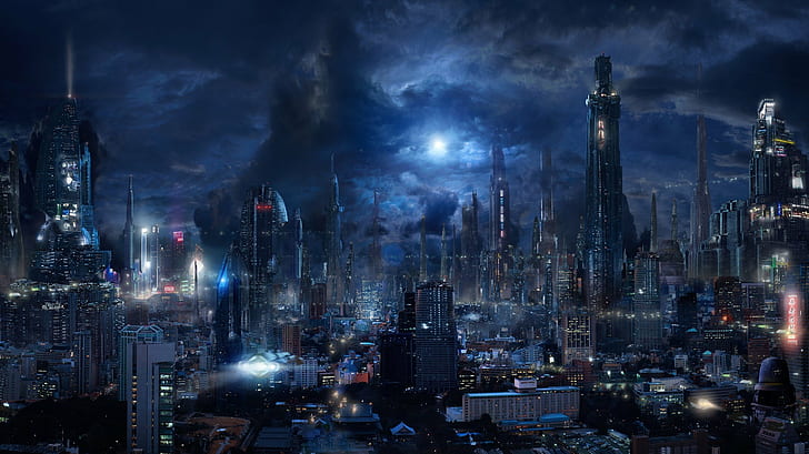 clouds, city, Bladerunner, moonlight, futuristic, building, HD wallpaper