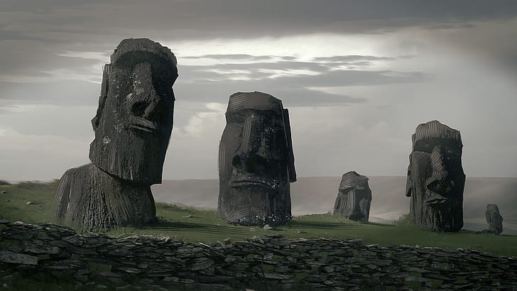artwork, digital art, illustration, Moai, Luciano Neves, eastern islands