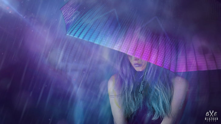 Girl, Night, Figure, Umbrella, Art, Rain, Concept Art, Cyberpunk 2077, HD wallpaper