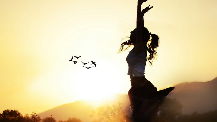 women, women outdoors, lens flare, jumping, silhouette, one person, HD wallpaper