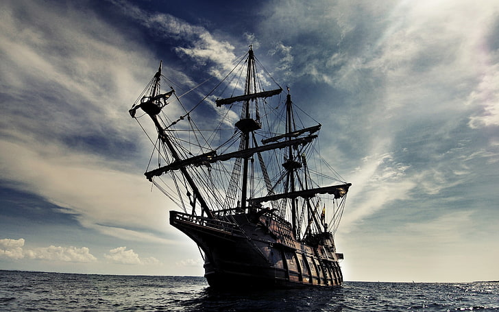 brown ship, boat, sea, sky, 17th century, sailing ship, water