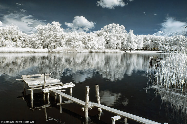 infrared, sky, nature, river, white, water, lake, tranquility, HD wallpaper
