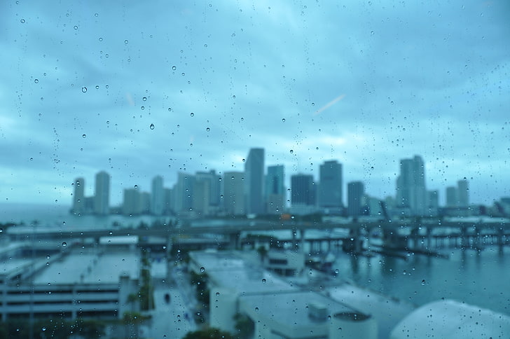 water drop at the window, cityscape, water drops, Miami, architecture, HD wallpaper