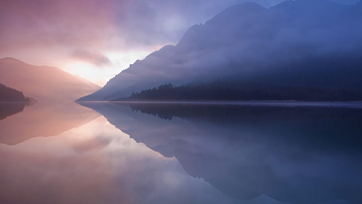 lake, reflection, landscape, misty, mountains, reflected, fog
