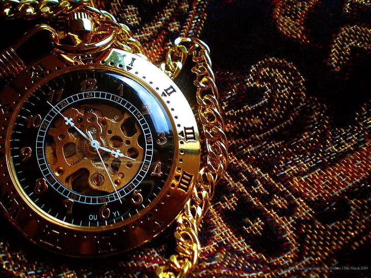 round gold-colored bezel mechanical watch, steampunk, time, instrument of time, HD wallpaper