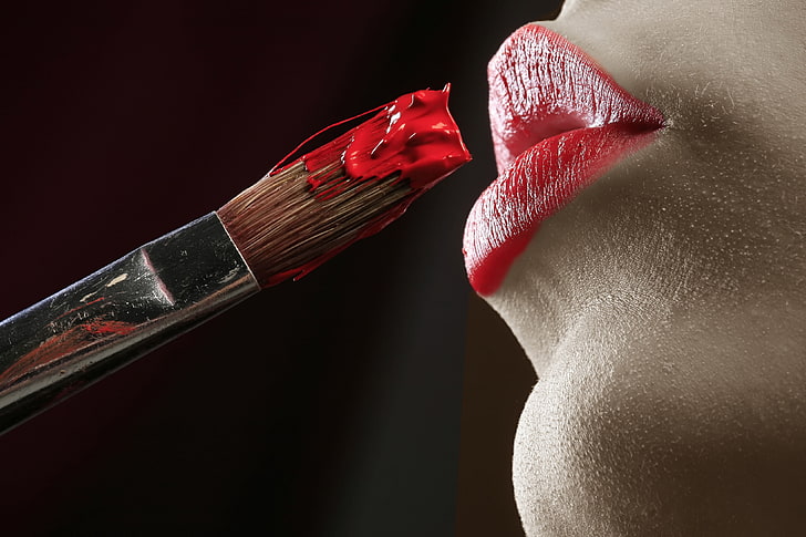 women, red, paint brushes, paint splatter, lips, red lipstick