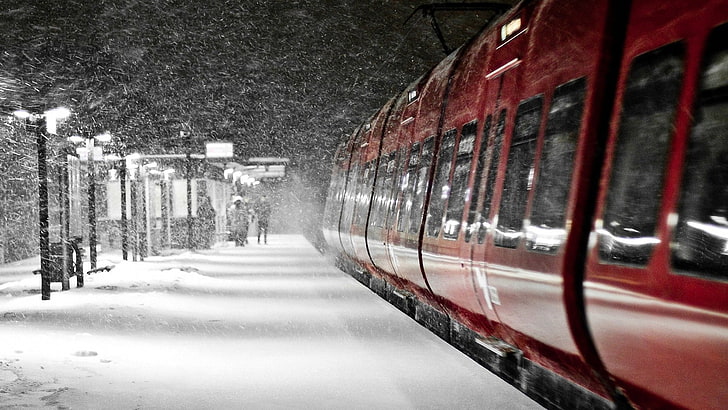 train, train station, railway, snow, winter, mode of transportation