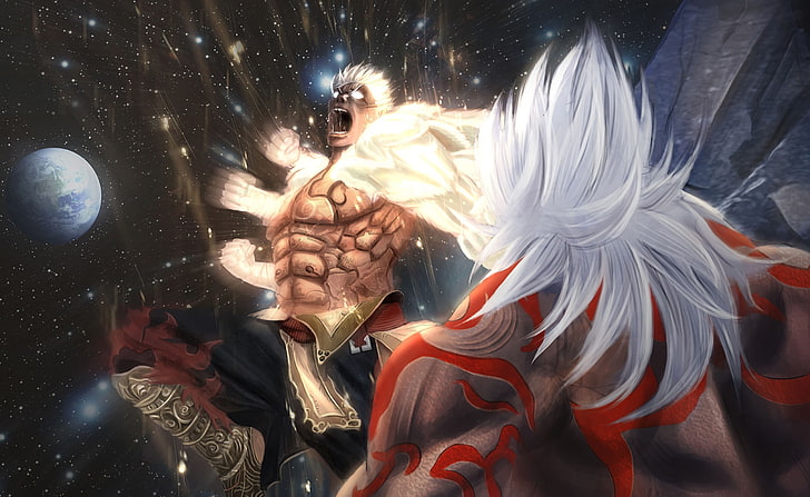 Asura's Wrath, man charging toward another man anime digital wallpaper