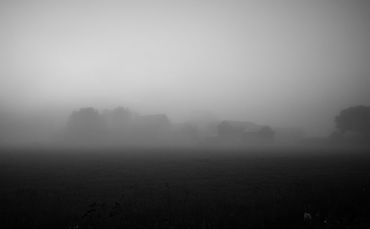 Gloomy Day, Black and White, Dark, Farm, Mist, Sweden, Lightroom