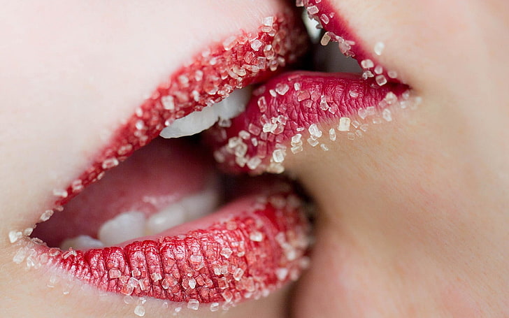 women, kissing, lips, red lipstick, sugar, closeup, open mouth