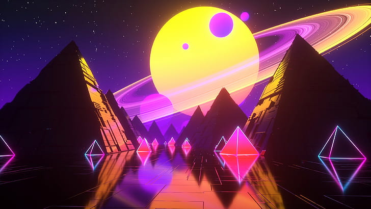 Music, Stars, Planet, Space, Pyramid, Background, Neon, Synth, HD wallpaper