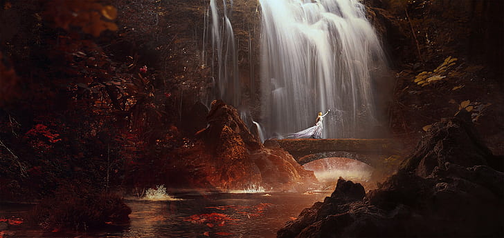 fantasy girl, waterfall, fantasy art, HD wallpaper