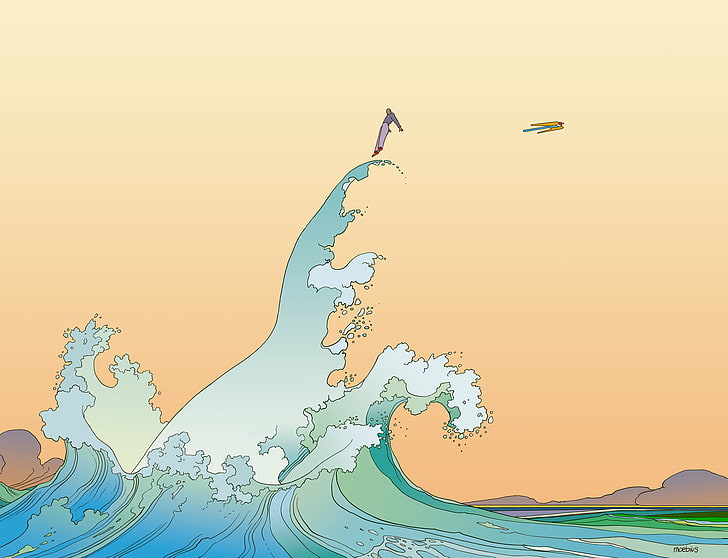 Mœbius, comics, artwork, sea, waves, sky, no people, nature