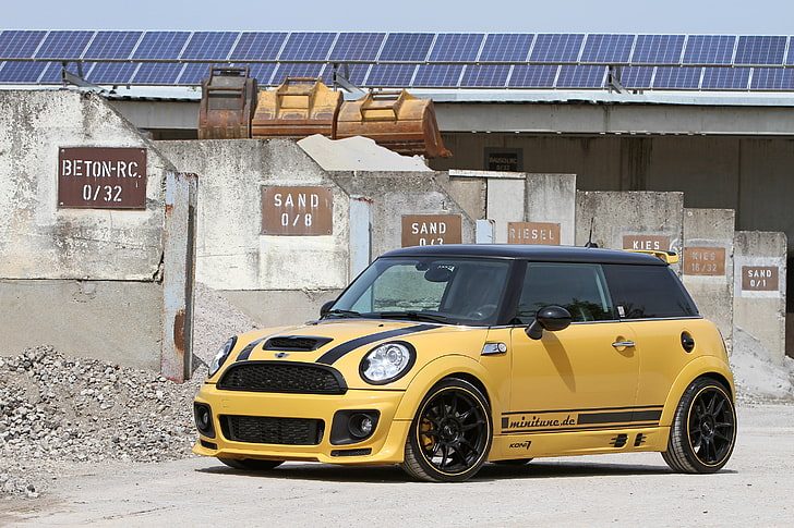 yellow Mini Cooper hatchback, s, r56, tuning, minitune, car, john Cooper Works, HD wallpaper
