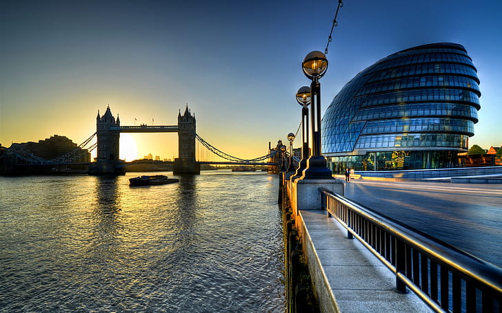 Tower Bridge, England, London, buildings, Thames river, sunrise, morning