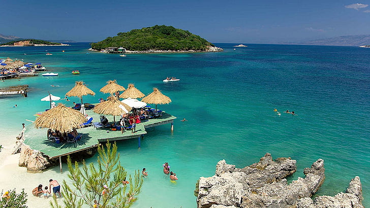 albania, stone, beach, water, vacation, green, blue, nature, HD wallpaper