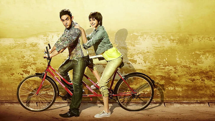 Aamir Khan Anushka Sharma In Cycle, movies, bollywood movies, HD wallpaper