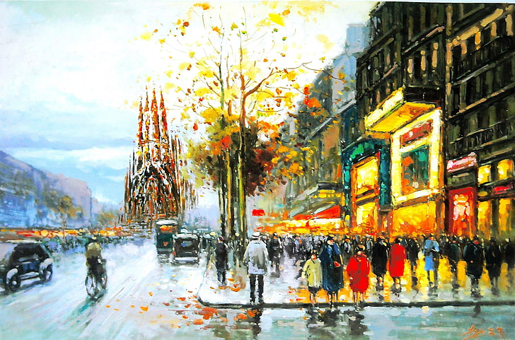 people on street oil painting, trees, the city, picture, Barcelona, HD wallpaper