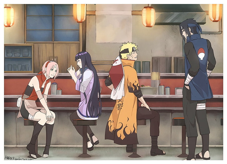 Naruto illustration, Hinata, Sakura, Naruto, and Sasuke standing in bar counter