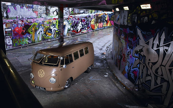 car, vehicle, wall, urban, Volkswagen, graffiti, beige
