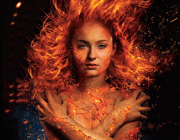 Movie, X-Men: Dark Phoenix, Blue Eyes, Fire, Jean Grey, Phoenix (Marvel Comics), HD wallpaper