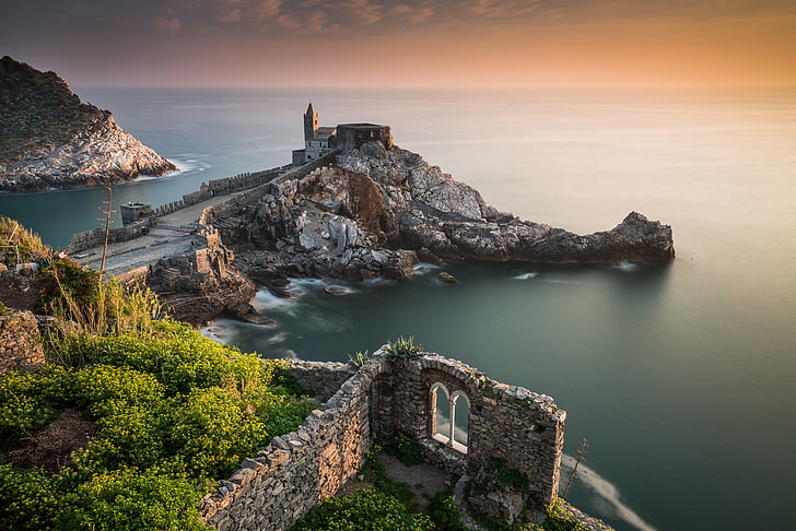 sea, rocks, coast, Italy, Church, The Ligurian sea, Portovenere, HD wallpaper