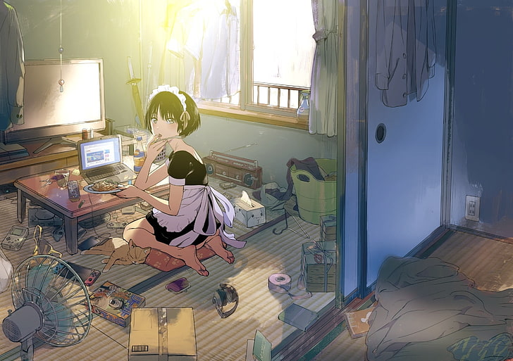 HD wallpaper: anime girl, apron, room, notebook, short hair, window,  indoors | Wallpaper Flare