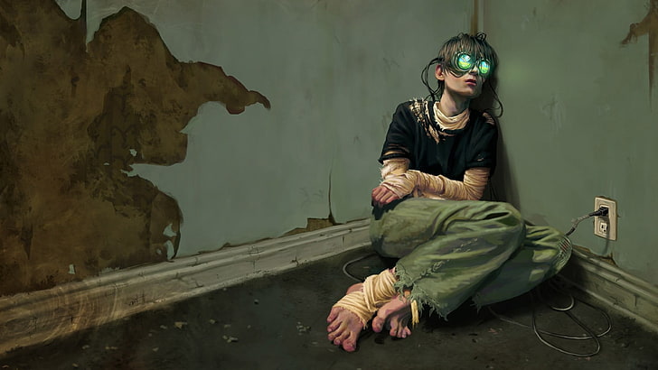 women's green pants, dystopian, sad, cyberpunk, virtual reality