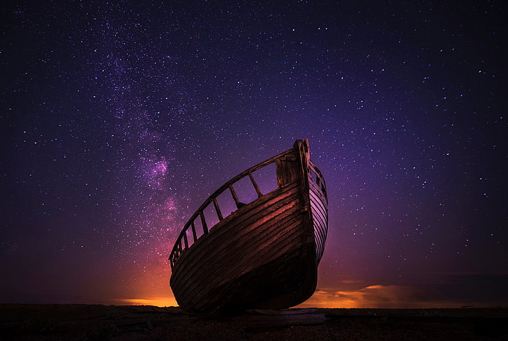 brown boat, stars, starred sky, star - space, night, astronomy, HD wallpaper