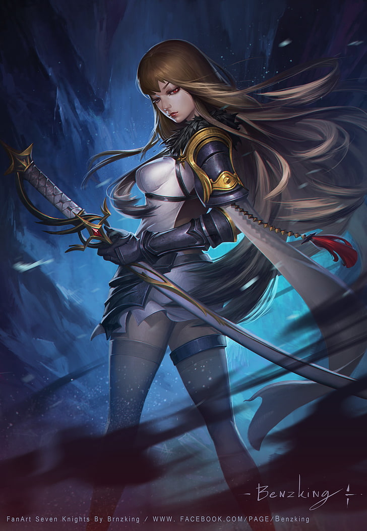 warrior, fantasy art, sword, Seven Knights, young adult, one person