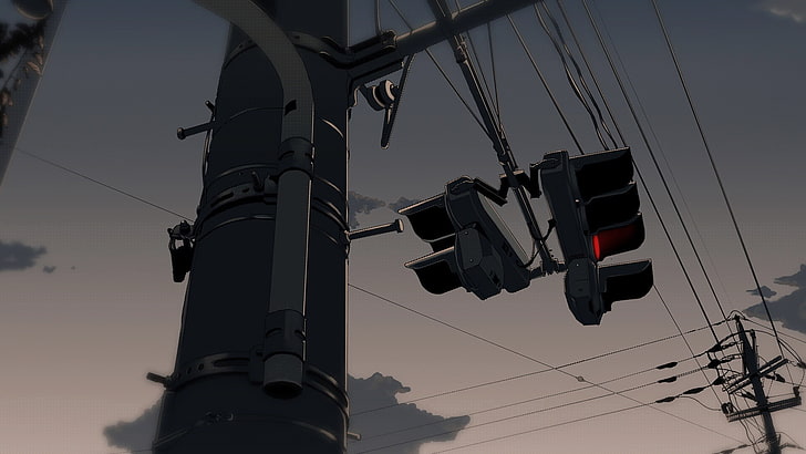 electrical post illustration, anime, street light, sky, traffic lights