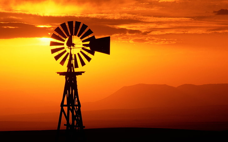 USA, silhouette, sunset, windmill, landscape, sky, fuel and power generation, HD wallpaper