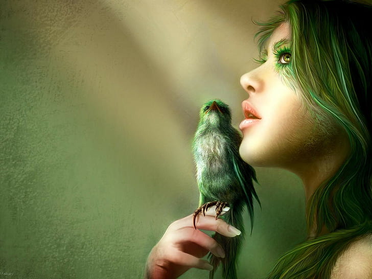 fantasy art, birds, green, fantasy girl, animals, HD wallpaper