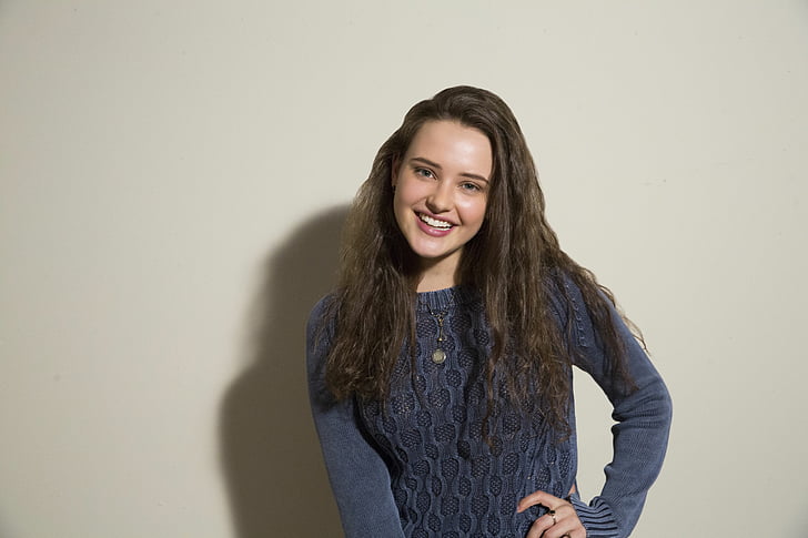 photo of woman in blue sweater smiling, Katherine Langford, HD