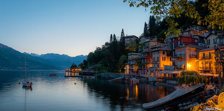 trees, landscape, mountains, lake, building, home, yacht, Italy