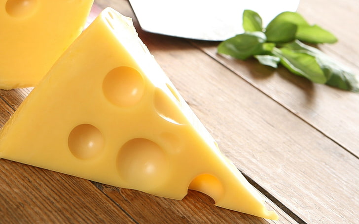 Swiss cheese, food, piece, yellow, wood - Material, freshness, HD wallpaper