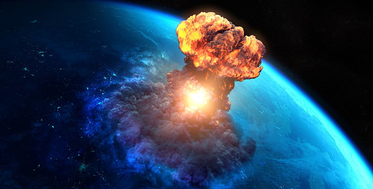 nuclear bomb explosion on earth through outer space illustration