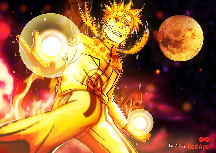 Naruto digital wallpaper, moon, Anime, Flame, art, Ninja, Uzumaki, HD wallpaper