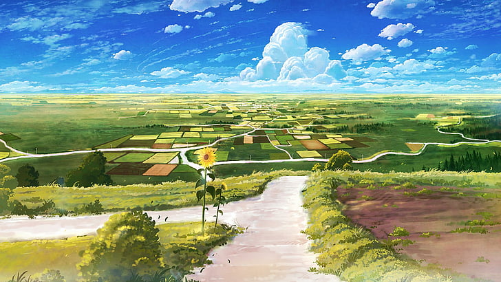 Hd Wallpaper Grassland Road Sky Field Anime Art Rural Area