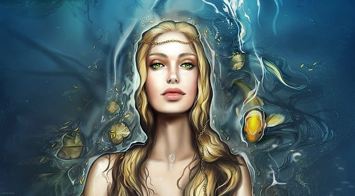 artwork, women, fish, fantasy girl, HD wallpaper