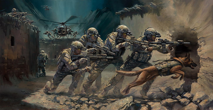 soldier and dog illustration, artwork, weapon, rifles, assault rifle