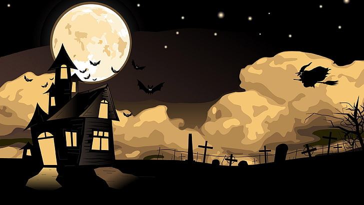 bat, cemetery, dark, darkness, full moon, art, artwork, illustration, HD wallpaper