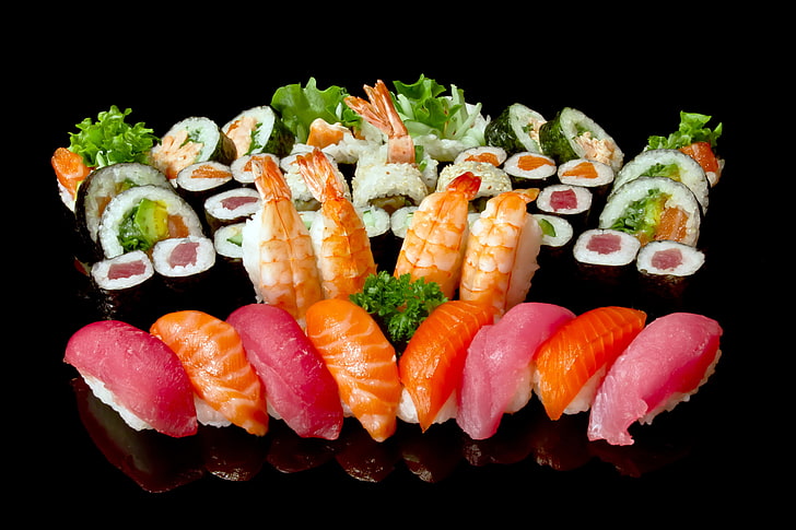 sushi dish lot, rolls, plate, a lot, seafood, gourmet, vegetable, HD wallpaper
