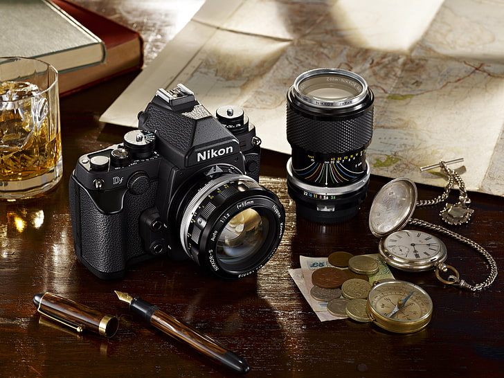black Nikon bridge camera and camera lens, nikon df, photography themes, HD wallpaper