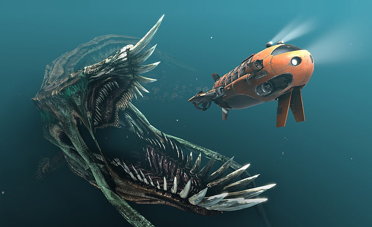 orange submarine, fantasy art, digital art, drawing, underwater, HD wallpaper