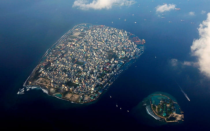 landscape, nature, clouds, aerial view, sea, city, island, Maldives, HD wallpaper