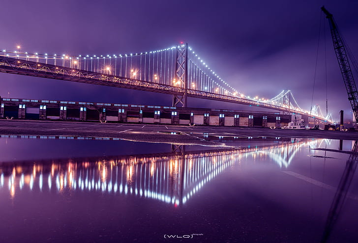 lighted bridge at night, Reflection, Redux, San Francisco  bay  bridge